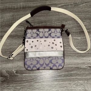 Coach Lavender Signature Canvas Crossbody with Studded Cream and Silver Stripes